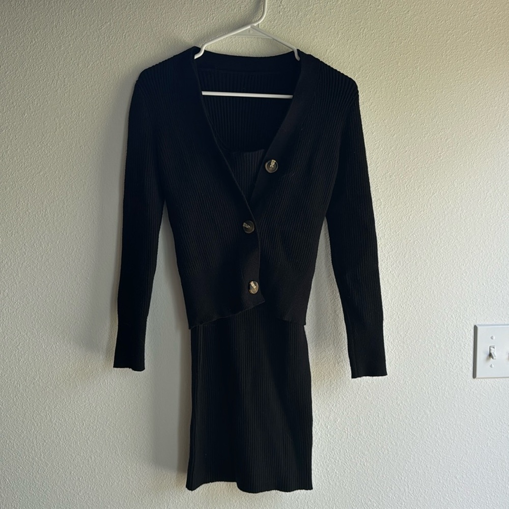 Black Amazon Bodycon Dress and Sweater Cardigan Ribbed Knit, Size Small